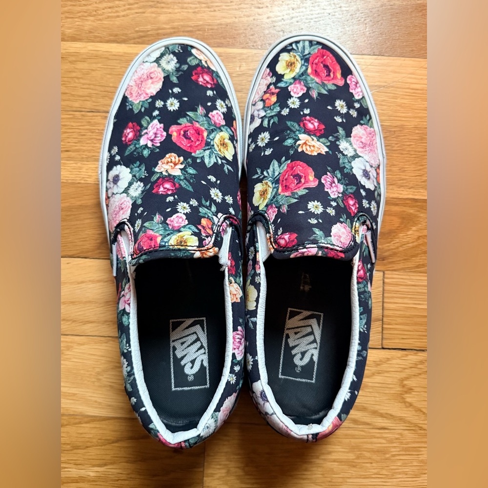 Vans Garden Floral Slip-On Canvas Sneakers - Black with Multicolor Roses - Picture 7 of 9